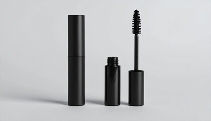 Obraz premium “A black mascara tube with its wand stands upright on a minimal surface, symbolizing beauty, elegance, and the artistry of enhancing eyelashes.”