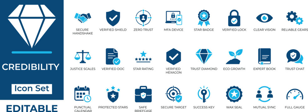 Editable credibility and trust vector icon set featuring security, verification, and reliability symbols in two-tone blue.