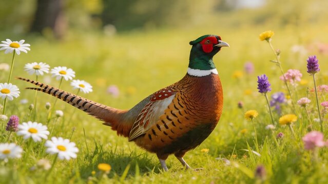 Colorful pheasant in flower field