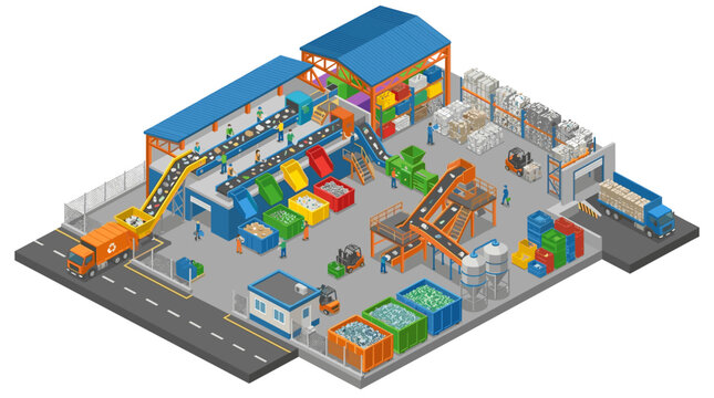 vector isometric factory production facility with assembly line machines and workers