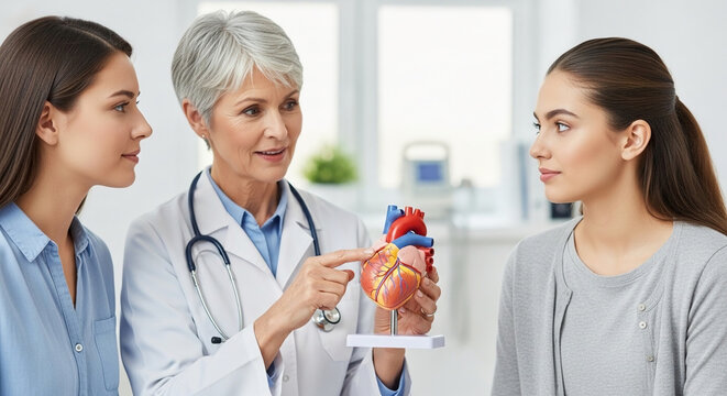 Doctor explaining heart model to two female patients in a medical consultation