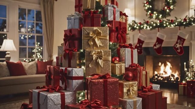 Festive holiday room with a large stack of wrapped Christmas presents decorated with ornaments and a fireplace