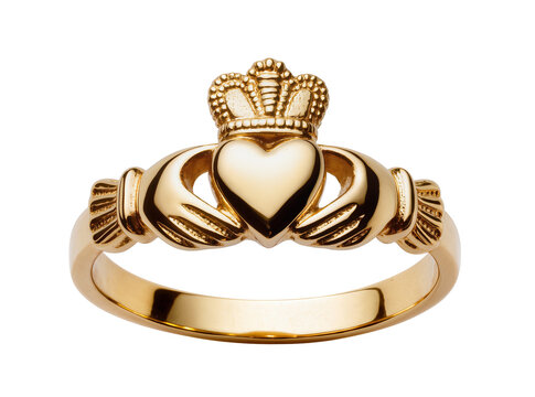 Isolated golden Claddagh ring, traditional Irish symbol of love, loyalty, and friendship
