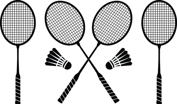 Professional black badminton racket and shuttlecock silhouette set for dynamic athletic club branding on bright white background.