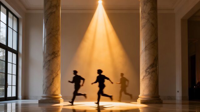 People running in a grand hall