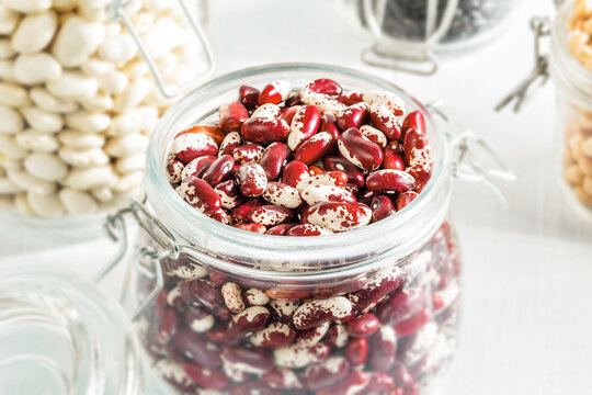 Speckled Red Beans In Glass Storage Jar