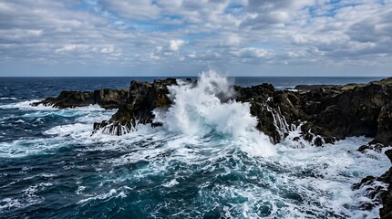 Naklejka premium Powerful Ocean Waves Crashing Against Rocky Coastline Under Cloudy Sky