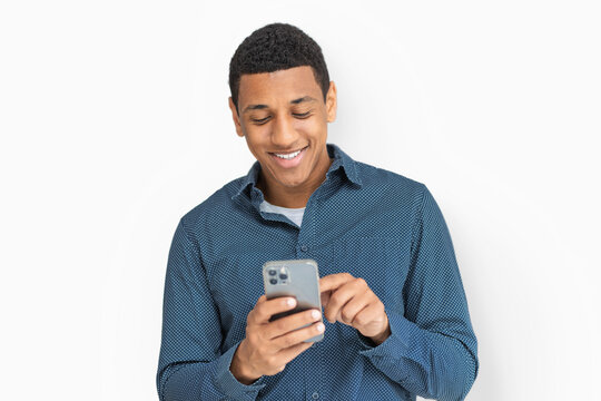 Smiling Black Man Using Smartphone App Screen