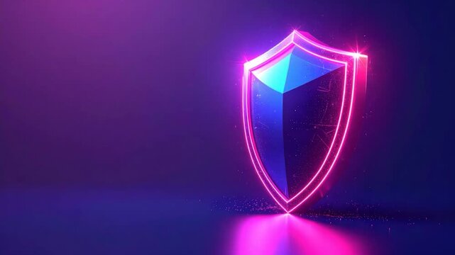 Neon glowing shield emblem with abstract geometric facets purple and blue futuristic digital art