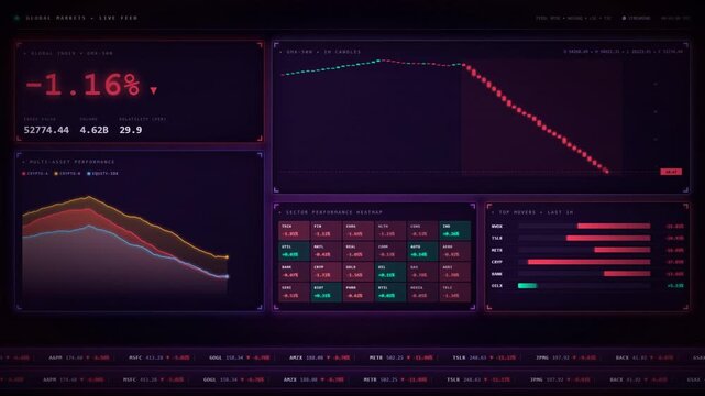 Financial dashboard interface displaying stock market crash and global economic data.