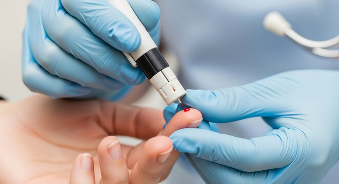 Healthcare professional performs a diabetes blood sugar test using a lancet device and glucometer on a patient's fingertip for medical checkup