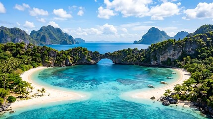Obraz premium Aerial view of a tropical lagoon with turquoise water and limestone islands