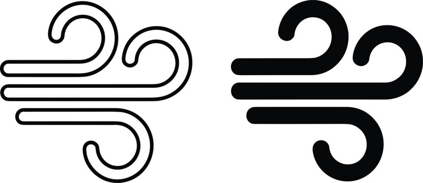 Minimalist wind icon set featuring solid and outline black vector graphics representing fresh blowing air in a clean setting.