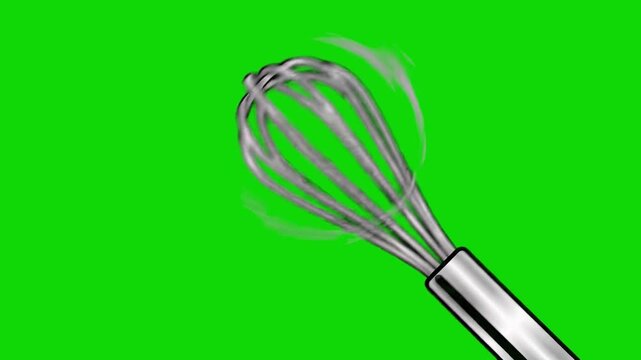 A close-up flat vector animation of a metallic stainless steel wire kitchen whisk spinning rapidly with dynamic rotation motion lines. Built on a green screen backdrop for culinary transitions, baking