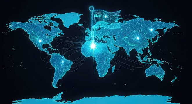 Glowing digital map of the world featuring a luminous flag marker at a network node, representing global communication and high-tech data link, satellite, abstract, connection
