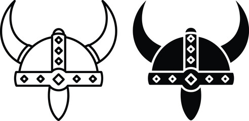 Set of minimalist Viking horned helmet icons in outline and solid black styles conveying ancient warrior power and strength. © Vector Expert