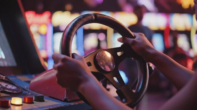 Close-up of a person playing a retro racing arcade game with a steering wheel and flashing lights in the background