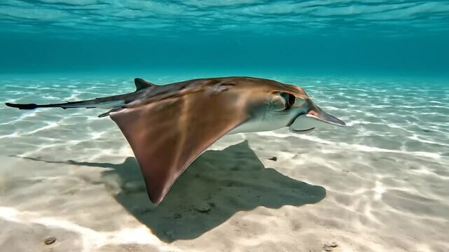 Graceful Underwater Stingray Gliding in Shimmering Turquoise Waters above Sandy Ocean Floor and Sunlight Patterns