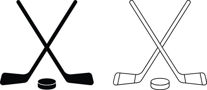 Crossed ice hockey sticks and puck icon set with solid and outline versions showing competitive spirit brightly on white background.