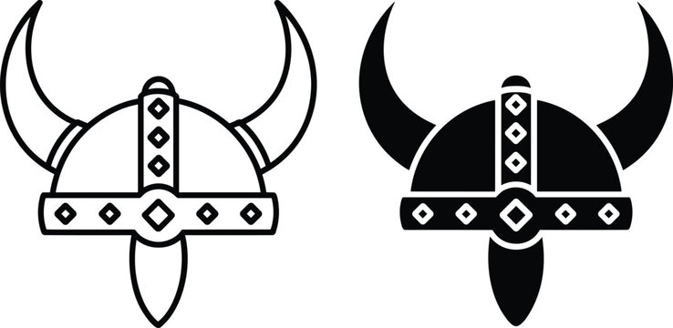 Set of minimalist Viking horned helmet icons in outline and solid black styles conveying ancient warrior power and strength.