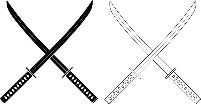 Minimalist crossed samurai katana swords in black silhouette and outline styles, evoking honor under flat studio light on white.