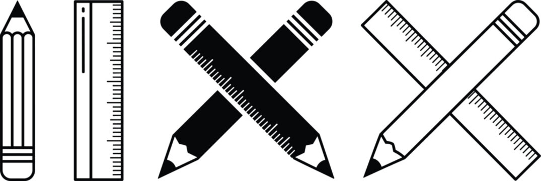 Professional black and white school icons showing pencils and rulers for drafting with flat lighting on white background.
