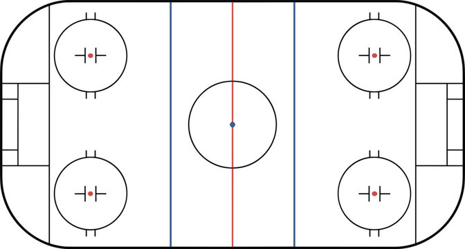 A clean overhead schematic of a professional ice hockey rink layout showing all court markings for sports strategy planning.