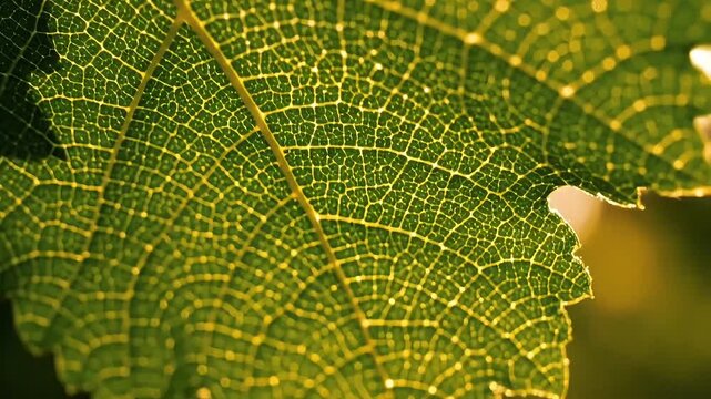 Extreme close up macro shot of a vibrant green grape leaf veins moving gently in the natural summer breeze captured in high quality 4k cinematic slow motion video animation clip