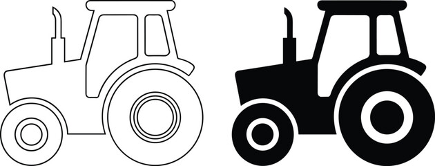 Professional farm tractor icons in outline and silhouette styles featuring clean lighting for rural design on a white background. © Vector Expert