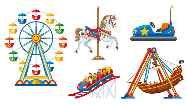 vector flat amusement park rides set ferris wheel carousel rollercoaster and pirate ship