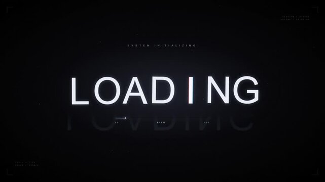 Glitch effect loading screen with progress bar and system initializing text.