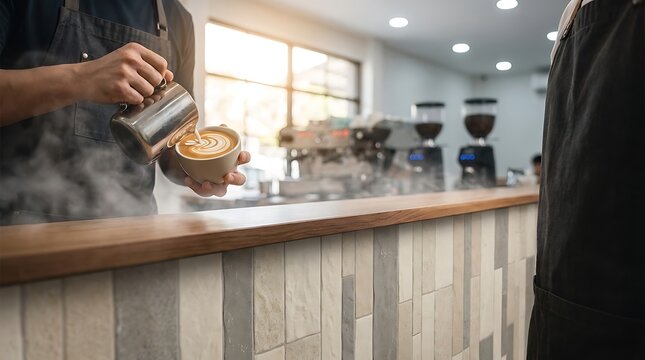 Barista pouring milk into a coffee cup to create latte art at a cafe counter