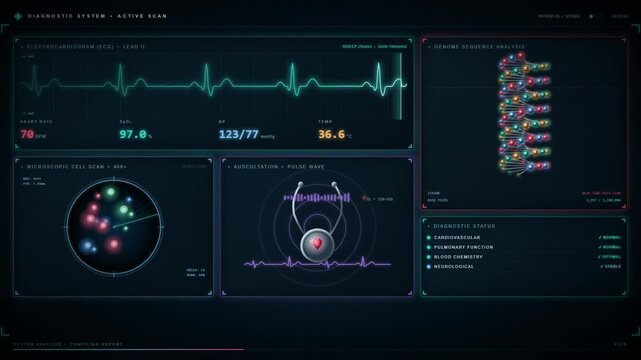 Futuristic medical diagnostic system interface displaying heartbeat monitor and dna sequence scan.
