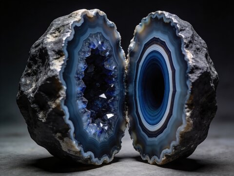 Cross section split of a premium dark blue agate geode crystal with circular mineral lines.