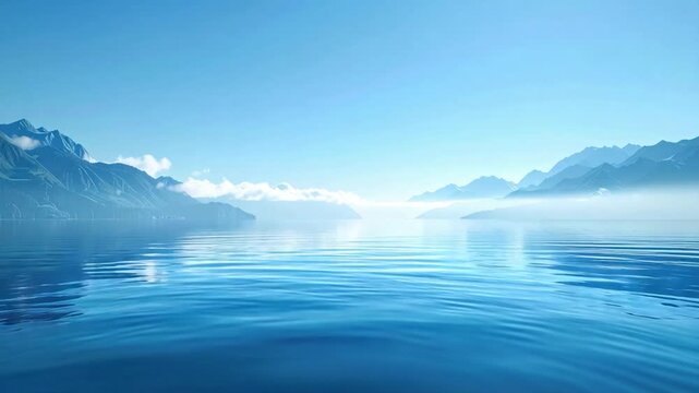 Serene blue lake reflecting majestic misty mountains under a clear sky tranquil landscape