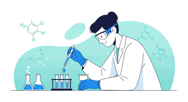 Scientist Working in Laboratory with Test Tubes and Chemical Formulas
