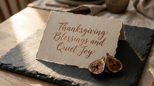 Thanksgiving wishes folded deckle edge card on black slate tray with dried figs, warm sunlight, neutral linen and textured paper for quiet rustic holiday blessing with elegant shadows and calm