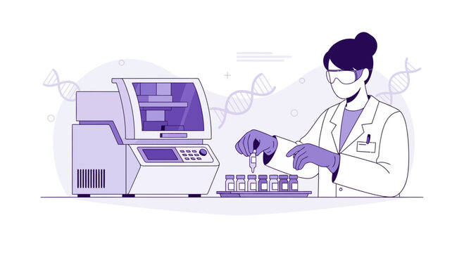 Scientist working with DNA sequencer and test tubes in modern laboratory