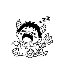 Fototapeta premium Cute Baby Devil Sleeping, Drooling, Trident, Simple Line Art 