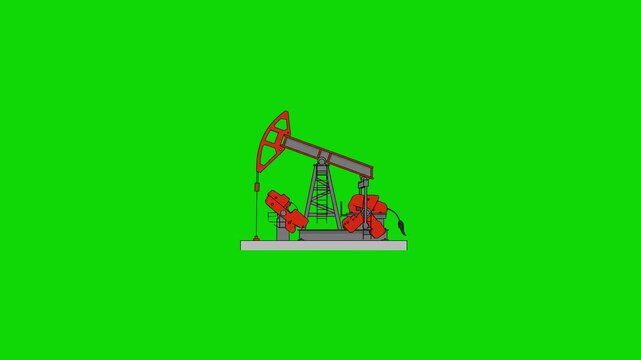 A flat vector animation of an industrial crude oil pump jack operating continuously against a chroma key green background. Ideal for economy, fossil fuel industries, and energy sector explainer videos