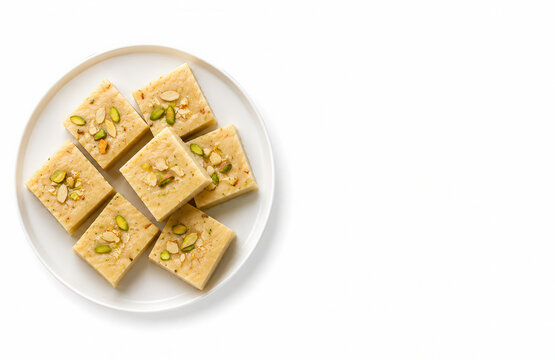Dolce barfi pakistano con pistacchi e mandorle su piatto bianco. Generative AI 