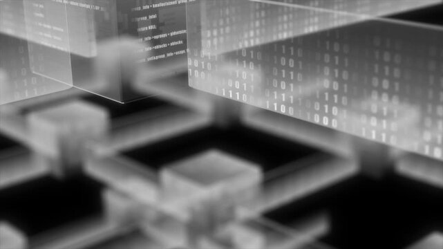 Flying through white color blockchain network with binary code cybersecurity futuristic big data transfer technology background