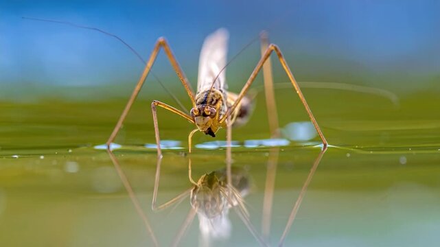 Macro close-up of a water strider insect on the surface of water reflecting in the water
