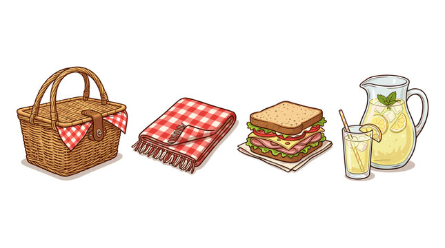 vector cartoon picnic set with wicker basket plaid blanket sandwich and lemonade pitcher