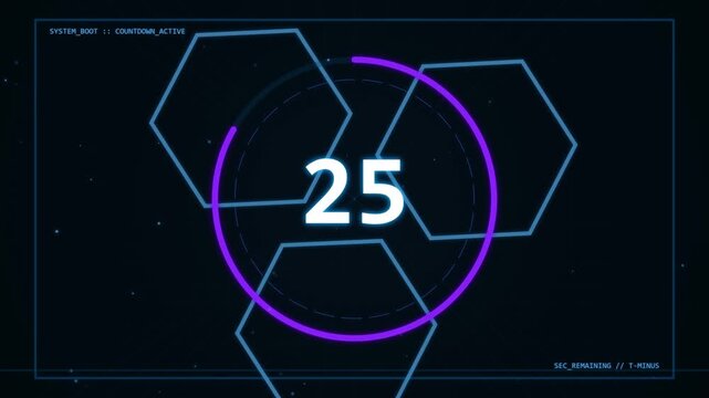 Futuristic digital countdown timer decreasing on a dark technology background with UI.