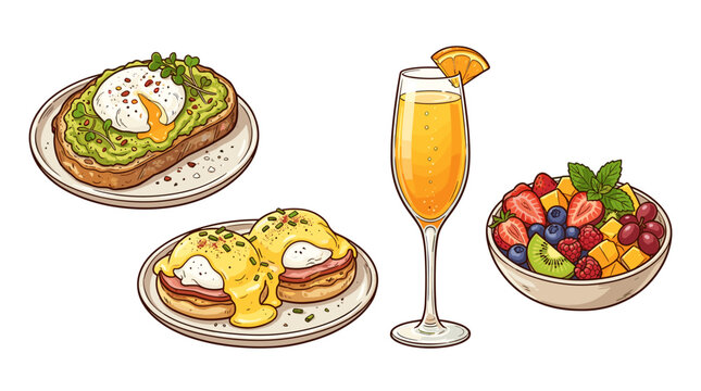 vector cartoon brunch food set with avocado toast eggs benedict mimosa and fruit bowl