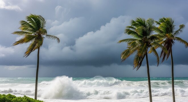 Powerful tropical storm winds bend tall palm trees over a churning ocean under dark heavy clouds with torrential rain and high sea waves, vortex, natural disaster, velocity