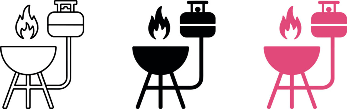 Gas grill barbecue icon set with propane tank and fire flame in outline black silhouette and pink flat styles for summer BBQ