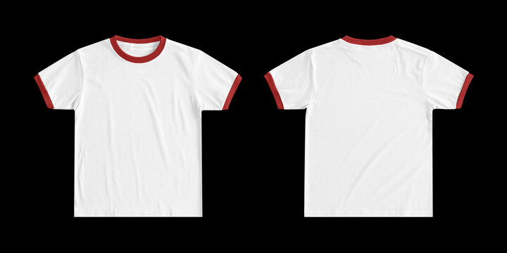 Blank white and red ringer t-shirt mockup, isolated on a black background, showcasing front and back views.