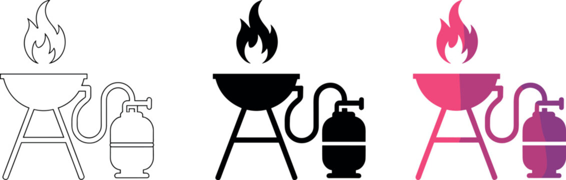 Gas grill barbecue icon set with propane tank and fire flame in outline black silhouette and pink flat styles for summer BBQ